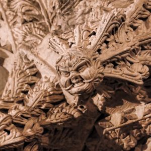 Stone carving of the Green Man, an ancient Celtic God, found inside Rosslyn Chapel.