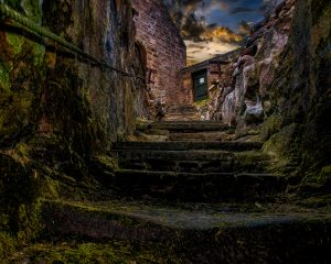 Steps leading down into an ancient underground well in Burghead, Scotland