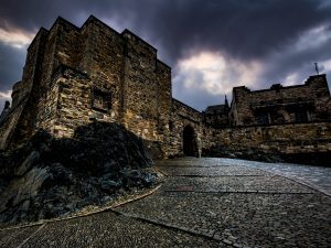 Haunted Edinburgh Castle on a dark and stormy night.