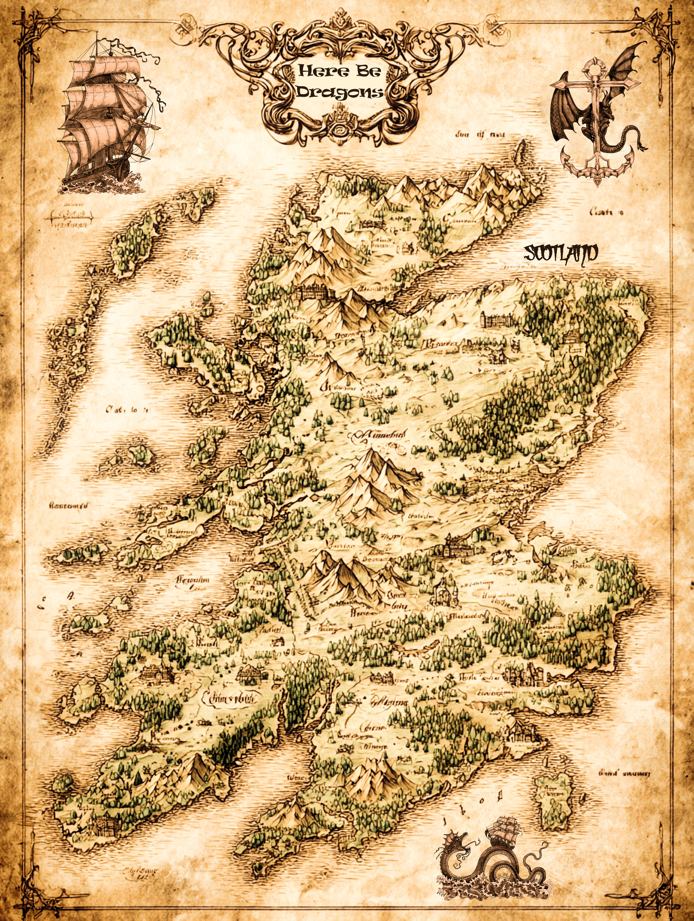 Medieval Map of Scotland showing Dragon dangers