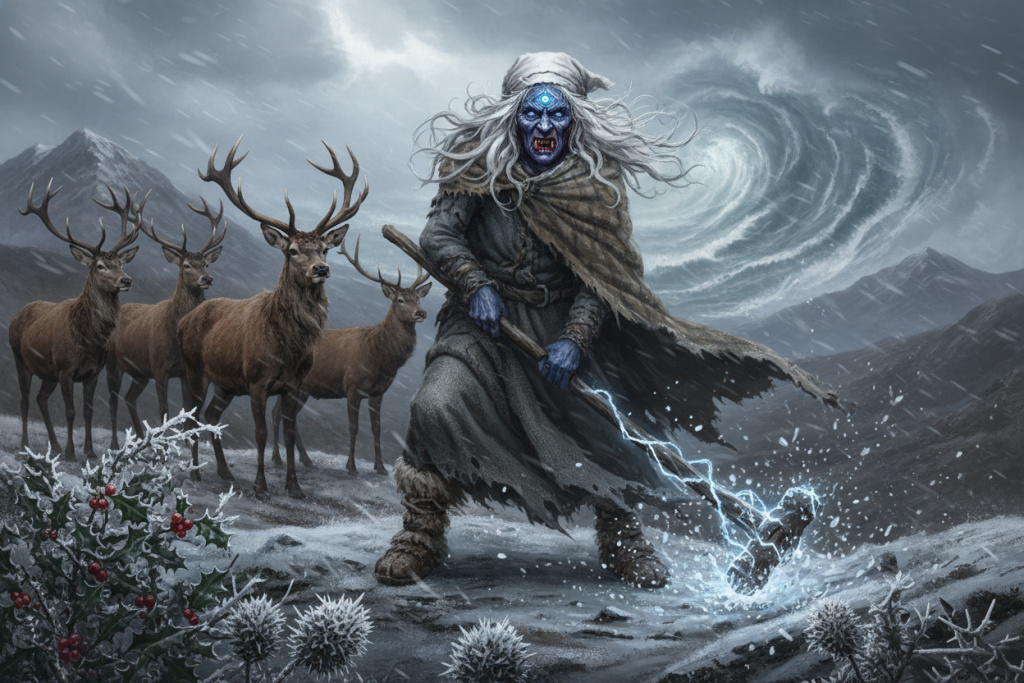 The Cailleach Beira (also called Beira, Queen of Winter; Cailleach; Cailleach Bheur; Muilearteach; Mala Liath; Gyre Carlin; the Bone Mother)